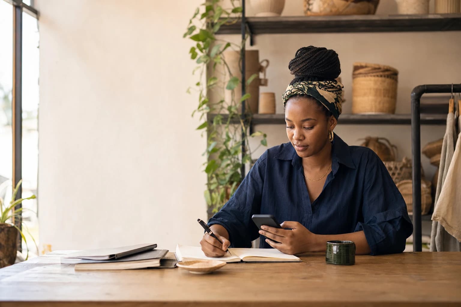 Owner-operator reviewing a notebook and phone at a worktable