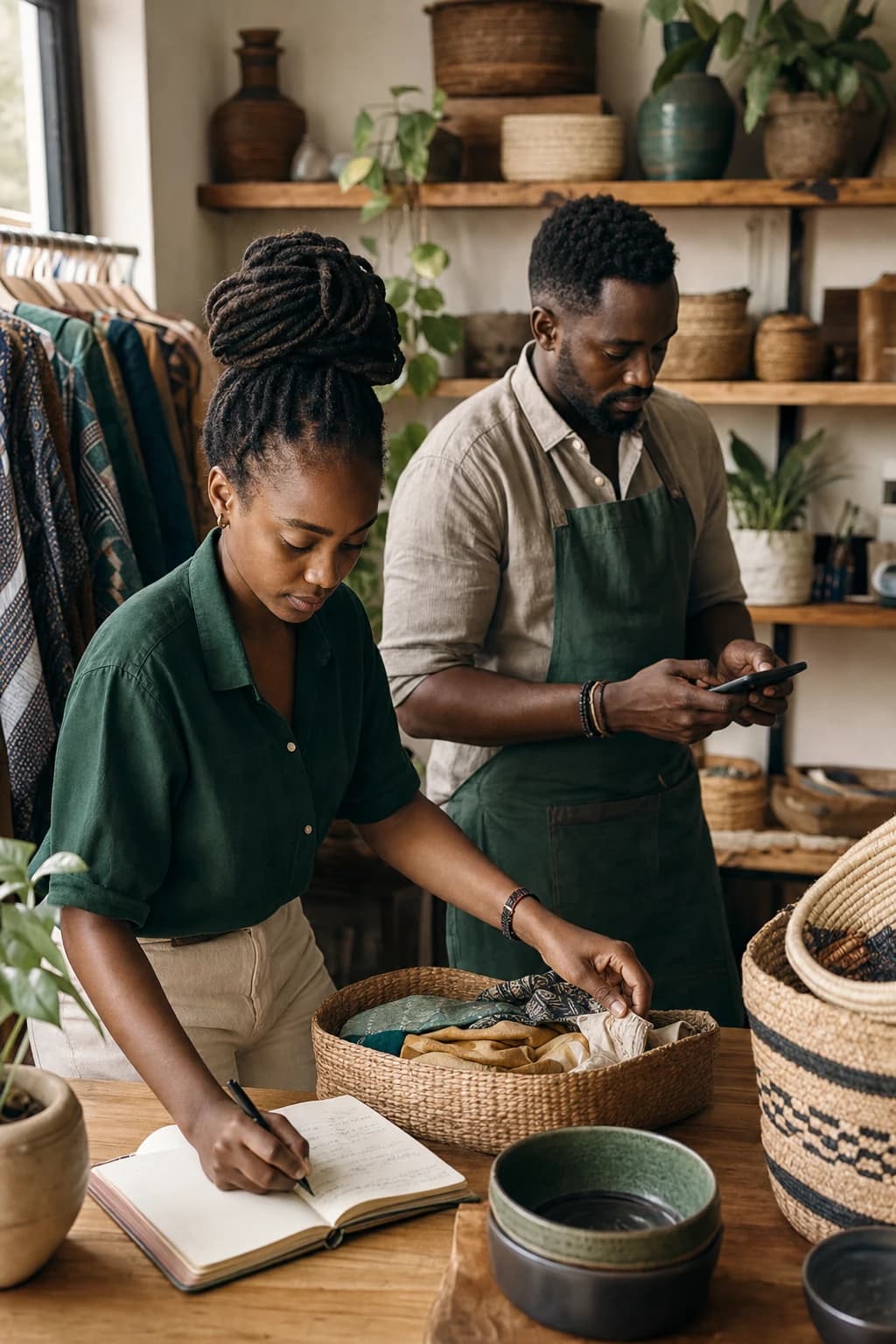 Two owner-operators coordinating work in a small retail studio